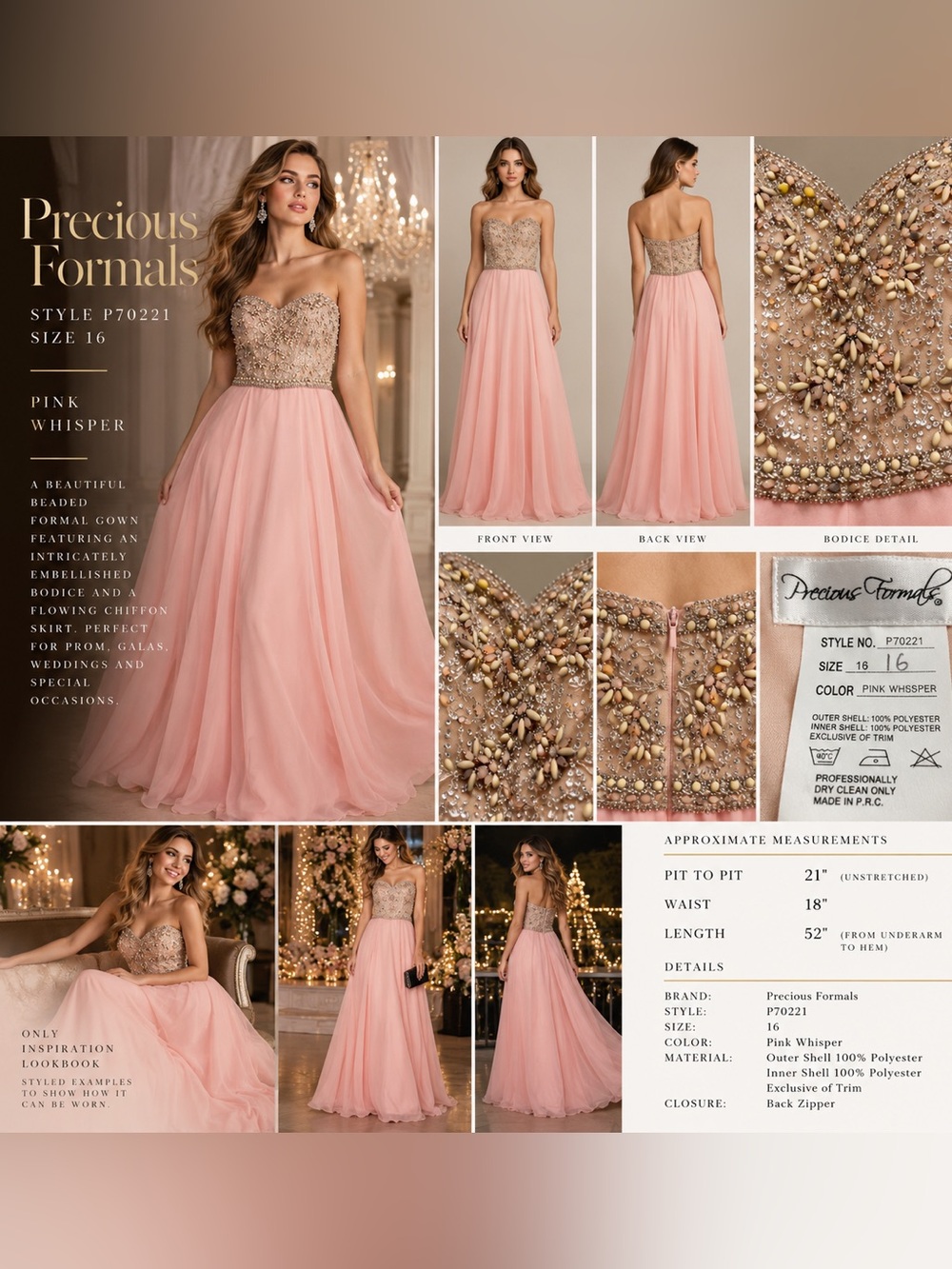 Precious Formals Pink Whisper Strapless Beaded Chiffon Gown